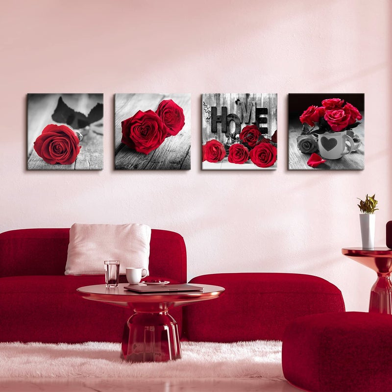 YOOOAHU Red Rose Posters for Living Room Red and Black Wall Art Flower Painting Bedroom Wall Decor Romantic Floral Canvas Painting Bathroom Pictures Modern Kitchen Accessories Home Decoration 20x20" 4 Pcs/Set - Image 3
